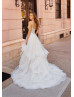 Beaded Triple Straps Ivory Tulle Ruffled Stunning Wedding Dress